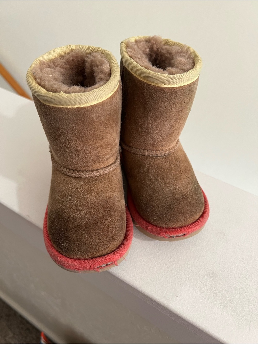 UGG Toddler Brown Suede Shearling Lined Boots with Pink Accent